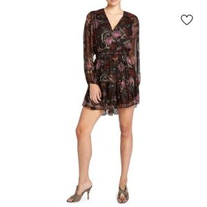 A.L.C. Esme Black and Pink Metallic Silk Floral Long Sleeve Short Dress